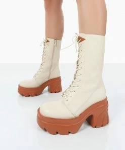 Public Desire UK Ever Beige Laced Chunky Sole Ankle Boots