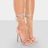 Public Desire UK Lacey Pink Patent Square Toe Strappy Lace Up Stiletto Heels