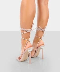 Public Desire UK Lacey Pink Patent Square Toe Strappy Lace Up Stiletto Heels