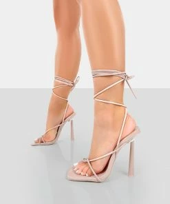 Public Desire UK Lacey Pink Patent Square Toe Strappy Lace Up Stiletto Heels