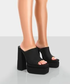 Public Desire UK NEW IN Skyhigh Black Satin Chunky Platform High Heeled Mules