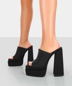 Public Desire UK NEW IN Skyhigh Black Satin Chunky Platform High Heeled Mules
