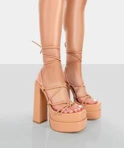 Public Desire UK Glow Girl Nude PU Lace Up Platform High Heels