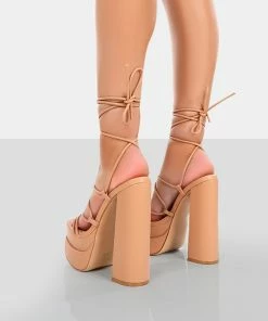Public Desire UK Glow Girl Nude PU Lace Up Platform High Heels