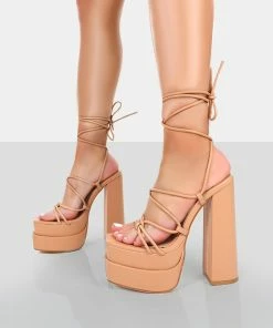 Public Desire UK Glow Girl Nude PU Lace Up Platform High Heels