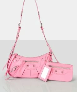 Public Desire UK Trackstar Pink PU Studded Mirror Zip Detail Handbag