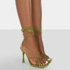 Public Desire UK NEW IN Imogen Olive Croc Square Toe Strappy Lace Up Heels