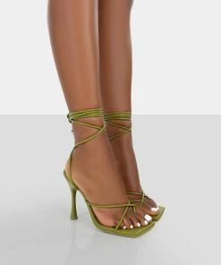 Public Desire UK NEW IN Imogen Olive Croc Square Toe Strappy Lace Up Heels