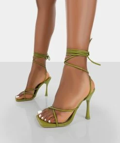 Public Desire UK NEW IN Imogen Olive Croc Square Toe Strappy Lace Up Heels