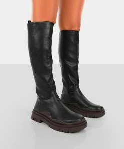 Public Desire UK On Point Chocolate Black PU Chunky Sole Knee High Boots Long Boots