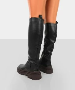 Public Desire UK On Point Chocolate Black PU Chunky Sole Knee High Boots Long Boots