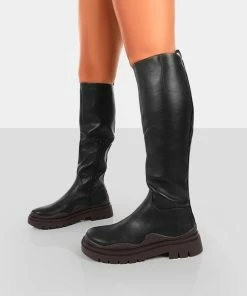 Public Desire UK On Point Chocolate Black PU Chunky Sole Knee High Boots Long Boots