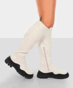 Public Desire UK On Point Ecru Black PU Chunky Sole Knee High Boots