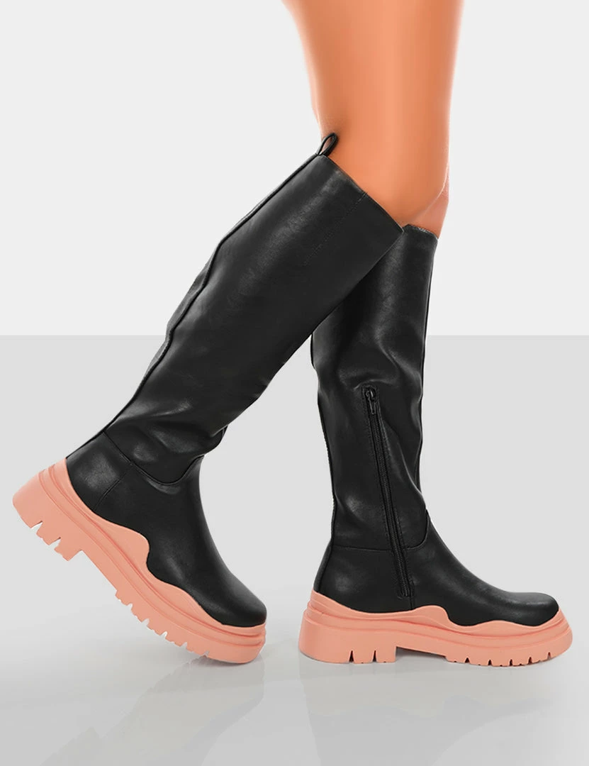 Public Desire UK On Point Pink Black PU Chunky Sole Knee High Boots 3 Public Desire UK On Point Pink Black PU Chunky Sole Knee High Boots
