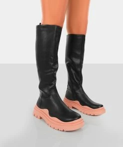 Public Desire UK On Point Pink Black PU Chunky Sole Knee High Boots