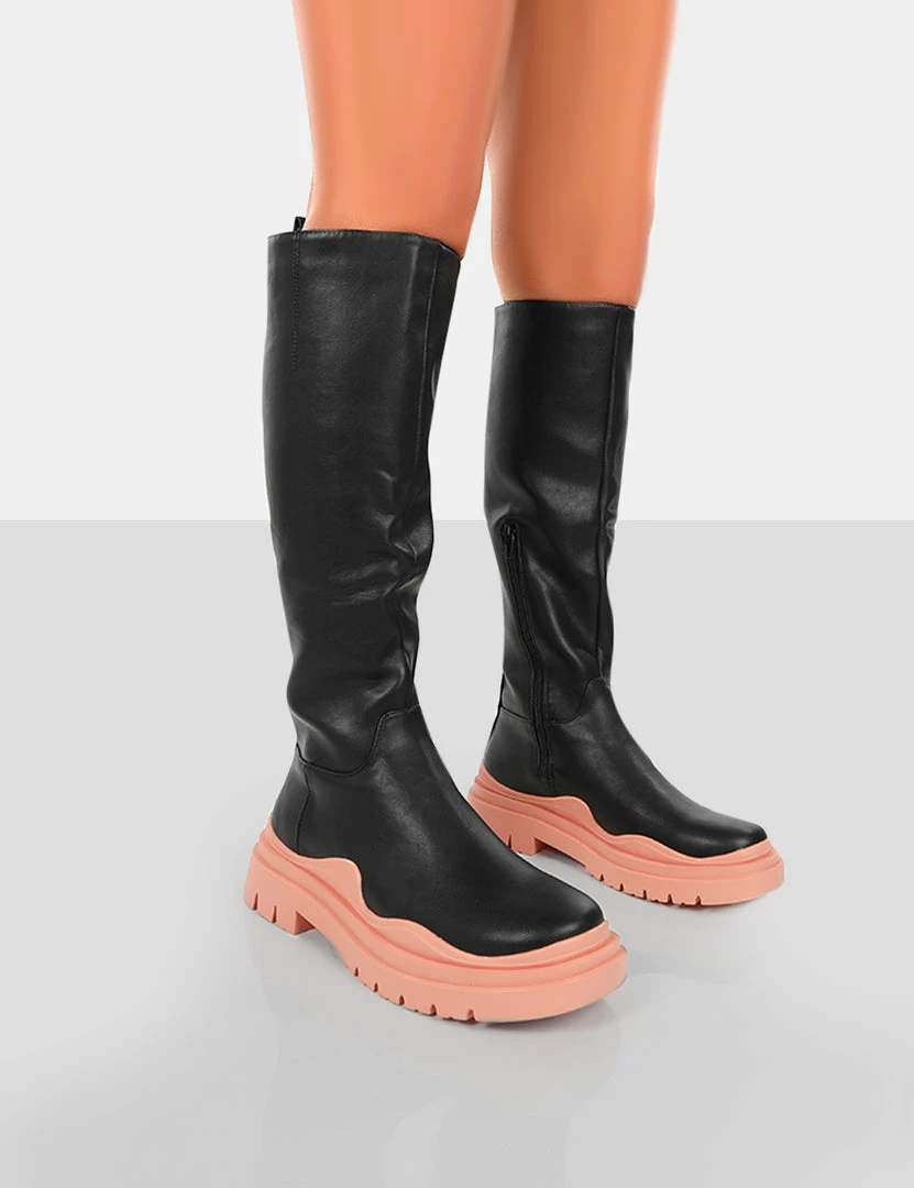Public Desire UK On Point Pink Black PU Chunky Sole Knee High Boots 1 Public Desire UK On Point Pink Black PU Chunky Sole Knee High Boots