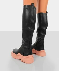 Public Desire UK On Point Pink Black PU Chunky Sole Knee High Boots
