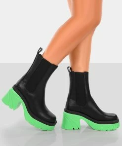 Public Desire UK Step Up Black Green PU Heeled Ankle Boots