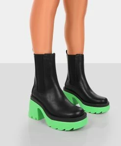 Public Desire UK Step Up Black Green PU Heeled Ankle Boots