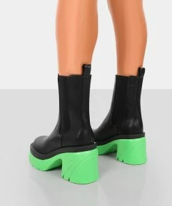 Public Desire UK Step Up Black Green PU Heeled Ankle Boots