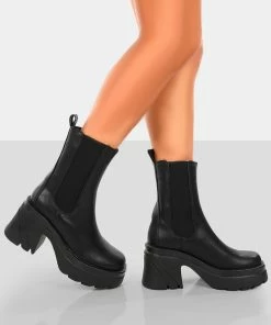 Public Desire UK Step Up Black Drench PU Heeled Ankle Boots
