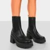 Public Desire UK Step Up Black Drench PU Heeled Ankle Boots