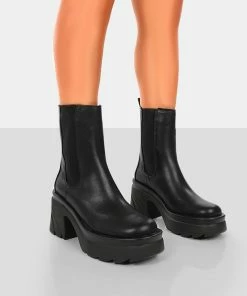 Public Desire UK Step Up Black Drench PU Heeled Ankle Boots
