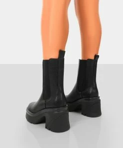 Public Desire UK Step Up Wide Fit Black Drench PU Heeled Ankle Boots