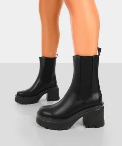 Public Desire UK Step Up Wide Fit Black Drench PU Heeled Ankle Boots