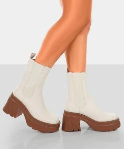 Public Desire UK Step Up Ecru Brown PU Heeled Ankle Boots