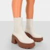 Public Desire UK Step Up Ecru Brown PU Heeled Ankle Boots