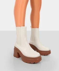 Public Desire UK Step Up Ecru Brown PU Heeled Ankle Boots