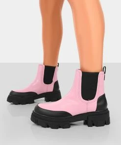Public Desire UK By Midnight Pink Pu Chunky Sole Chelsea Boots Ankle Boots