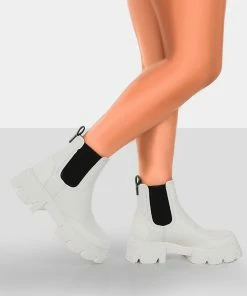 Public Desire UK By Midnight White Pu Chunky Sole Chelsea Boots