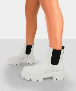 Public Desire UK By Midnight White Pu Chunky Sole Chelsea Boots