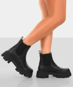 Public Desire UK By Midnight Black Pu Chunky Sole Chelsea Boots