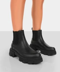 Public Desire UK By Midnight Black Pu Chunky Sole Chelsea Boots