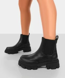 Public Desire UK By Midnight Black Pu Chunky Sole Chelsea Boots