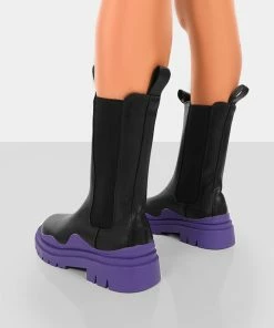 Public Desire UK Flat Boots Cherry Purple Chunky Sole Chelsea Ankle Boots