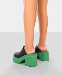 Public Desire UK Sandi Green PU Chunky Sole Block Heeled Mules