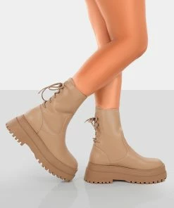 Public Desire UK Noelle Camel Chunky Sole Lace Up Detail Ankle Boots