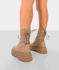 Public Desire UK Noelle Camel Chunky Sole Lace Up Detail Ankle Boots