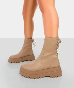 Public Desire UK Noelle Camel Chunky Sole Lace Up Detail Ankle Boots