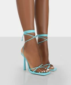 Public Desire UK Ci Ci Blue Pu Square Toe Lace Up Stiletto Heels NEW IN