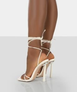 Public Desire UK Ci Ci Ecru Pu Square Toe Lace Up Stiletto Heels NEW IN