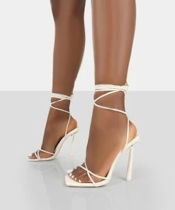 Public Desire UK Ci Ci Ecru Pu Square Toe Lace Up Stiletto Heels NEW IN