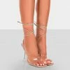 Public Desire UK Bly Nude Patent Perspex Cake Stand Lace Up Square Toe Heels NEW IN