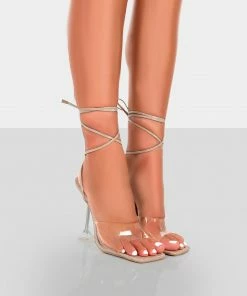 Public Desire UK Bly Nude Patent Perspex Cake Stand Lace Up Square Toe Heels NEW IN