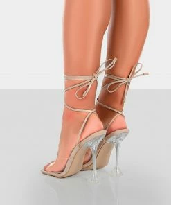 Public Desire UK Bly Nude Patent Perspex Cake Stand Lace Up Square Toe Heels NEW IN