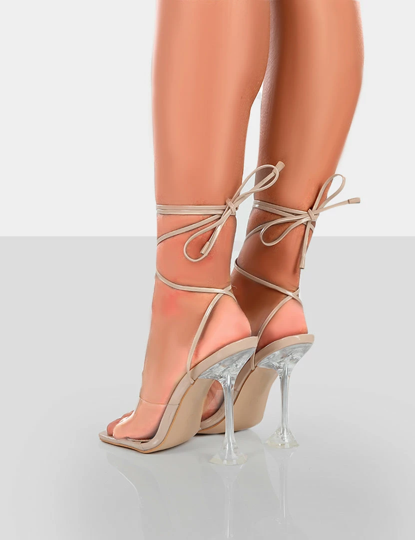 Public Desire UK Bly Nude Patent Perspex Cake Stand Lace Up Square Toe Heels NEW IN 2 Public Desire UK Bly Nude Patent Perspex Cake Stand Lace Up Square Toe Heels NEW IN
